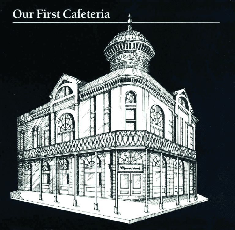 Illustration of ornate two-story Morrison's cafeteria building with arched windows and balcony